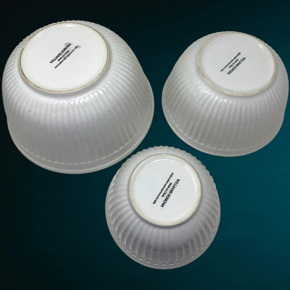 Williams Sonoma White Ribbed Mixing Nesting Bowl Set 3 Farmhouse Kitchen Ceramic